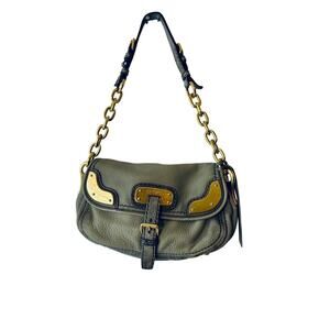 Vintage PRADA Handbag Womens Gray Deerskin Leather Cervo Flap Gold Accent COA